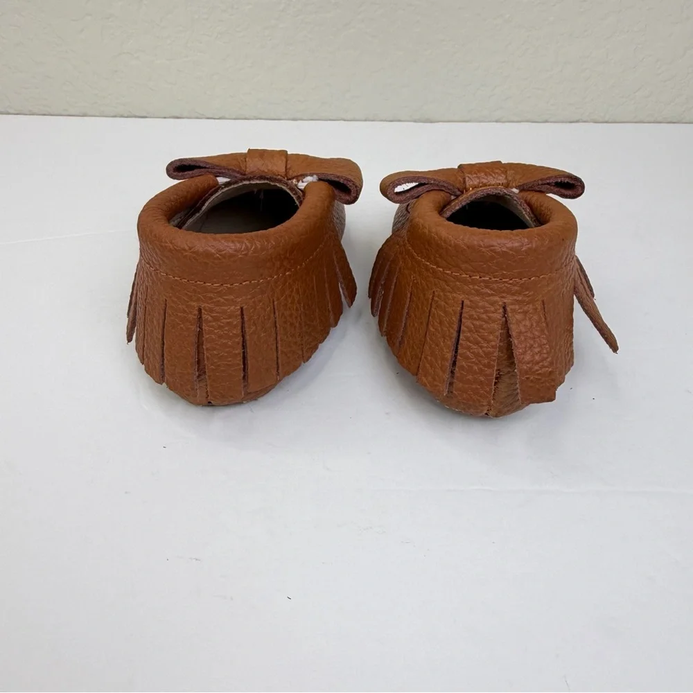 Monkey Feet Brown Baby Leather With Fringe and Bow Detail Slip-on Moccasin Shoes